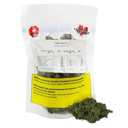 Front-facing shot of a clear bag labeled Organic Apex Kush with visible green buds inside and a small pile of nugs at the lower right.