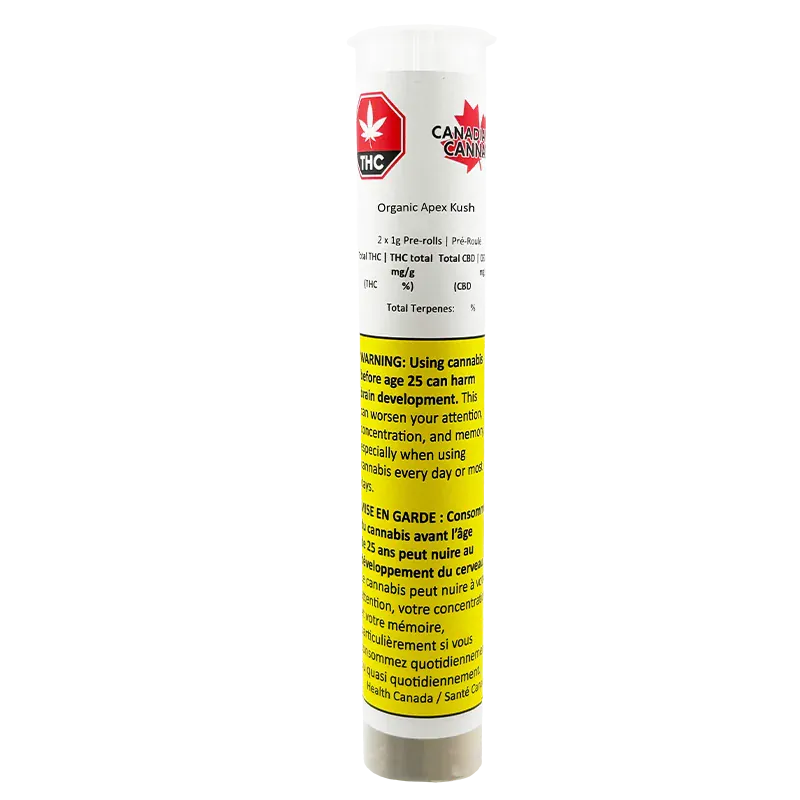 Tall front view of the Organic Apex Kush PR 2 x 1 g white tube with a red THC logo and yellow warning label.