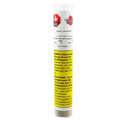 Tall front view of the Organic Apex Kush PR 2 x 1 g white tube with a red THC logo and yellow warning label.