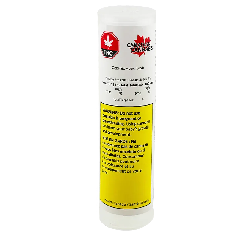 Front-facing shot of the cylindrical white container labeled "Organic Apex Kush PR 10 x 0.5 g" with a red THC maple logo and a large yellow health warning panel.