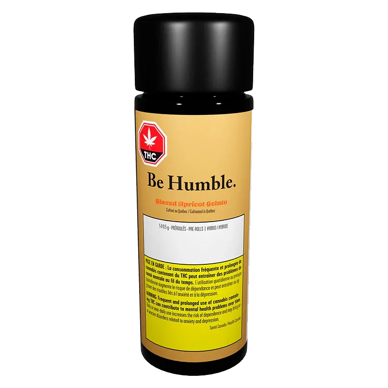 Front view of the Glazed Apricot Gelato PR 5 x 0.5 g bottle with a black cap and yellow Be Humble. label centered against a white background