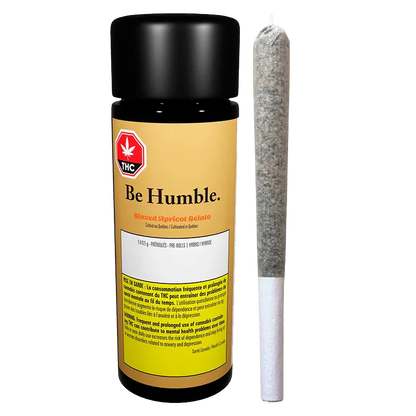 Front-facing shot of a black-capped jar labeled "Be Humble. Glazed Apricot Gelato PR 5 x 0.5 g" standing next to a single pre-rolled joint on a white background.