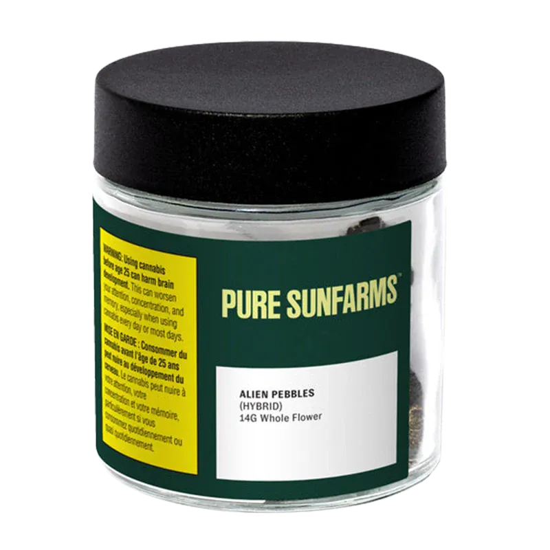 Front three-quarter view of the Pure Sunfarms Alien Pebbles glass jar with a black lid and green label showing product details.