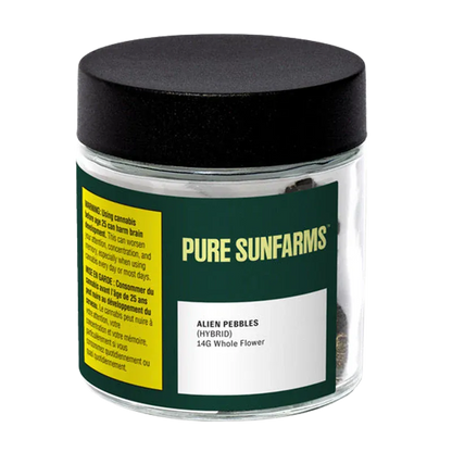 Front three-quarter view of the Pure Sunfarms Alien Pebbles glass jar with a black lid and green label showing product details.