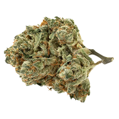 Close-up of a frosty green bud labeled Alien Pebbles showing dense trichome-covered nugs and orange hairs against a white background.