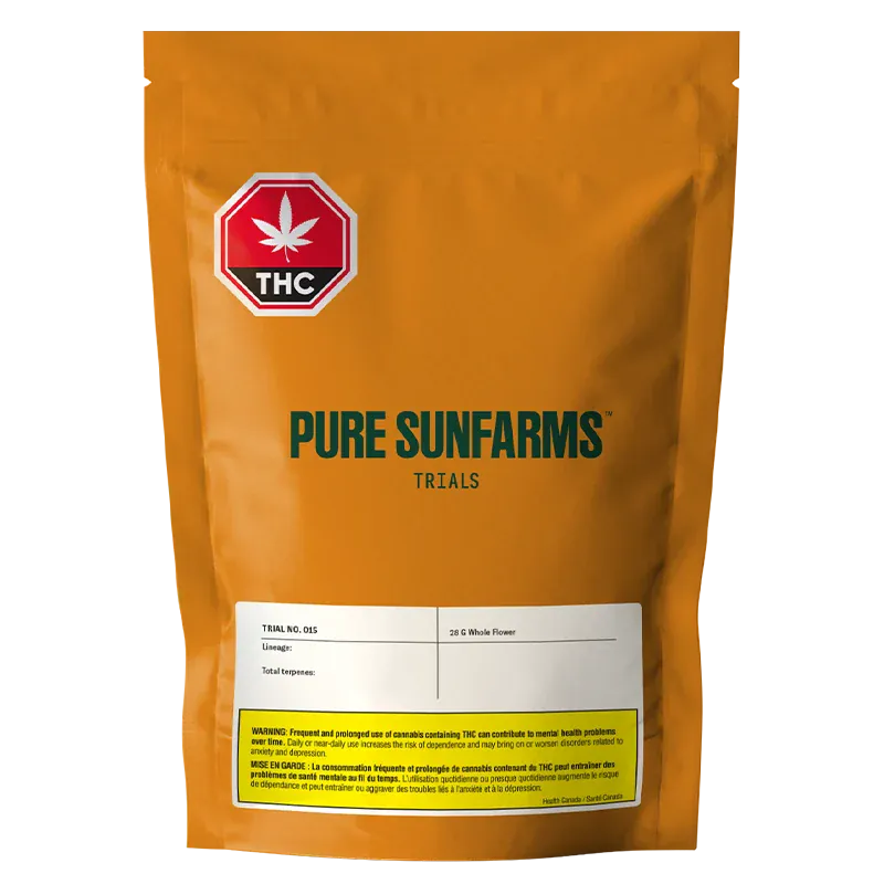Front-facing shot of the amber pouch labeled "Trial No. 015" from PURE SUNFARMS, showing bold green branding, THC badge, and a white info panel.