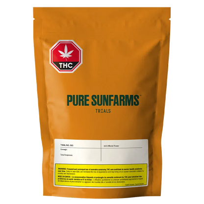 Front-facing shot of the amber pouch labeled "Trial No. 015" from PURE SUNFARMS, showing bold green branding, THC badge, and a white info panel.