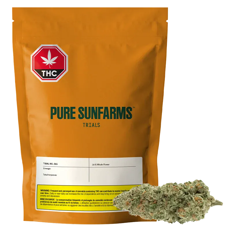 Front-facing shot of the orange pouch and bud labeled "Pure Sunfarms Trials Trial No. 015," the pouch standing upright against a white background.