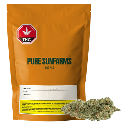 Front-facing shot of the orange pouch and bud labeled "Pure Sunfarms Trials Trial No. 015," the pouch standing upright against a white background.