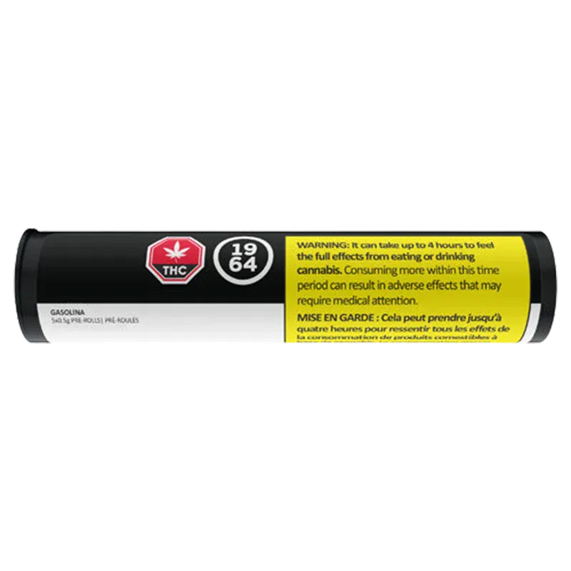 Side-on view of a black tube labeled Gasolina PR 5 x 0.5 g with a red THC symbol, white 1964 circle, and a yellow warning panel.