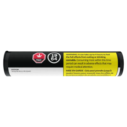 Side-on view of a black tube labeled Gasolina PR 5 x 0.5 g with a red THC symbol, white 1964 circle, and a yellow warning panel.