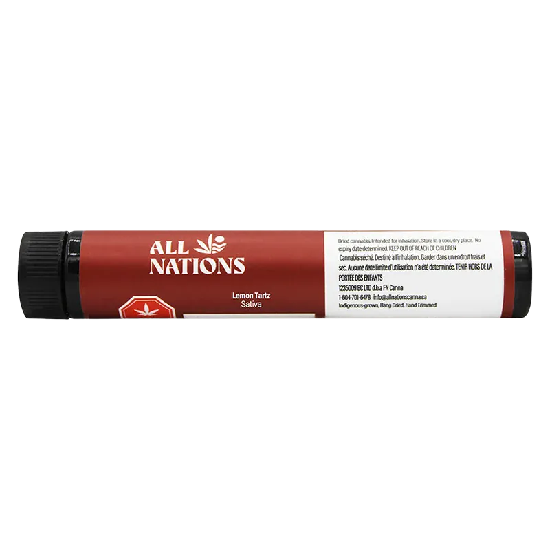 Side view of the red tube packaging labeled "All Nations Lemon Tartz PR 3 x 0.5 g" lying horizontally on a white background.