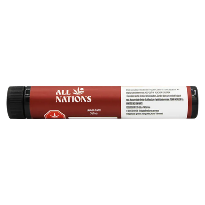 Side view of the red tube packaging labeled "All Nations Lemon Tartz PR 3 x 0.5 g" lying horizontally on a white background.