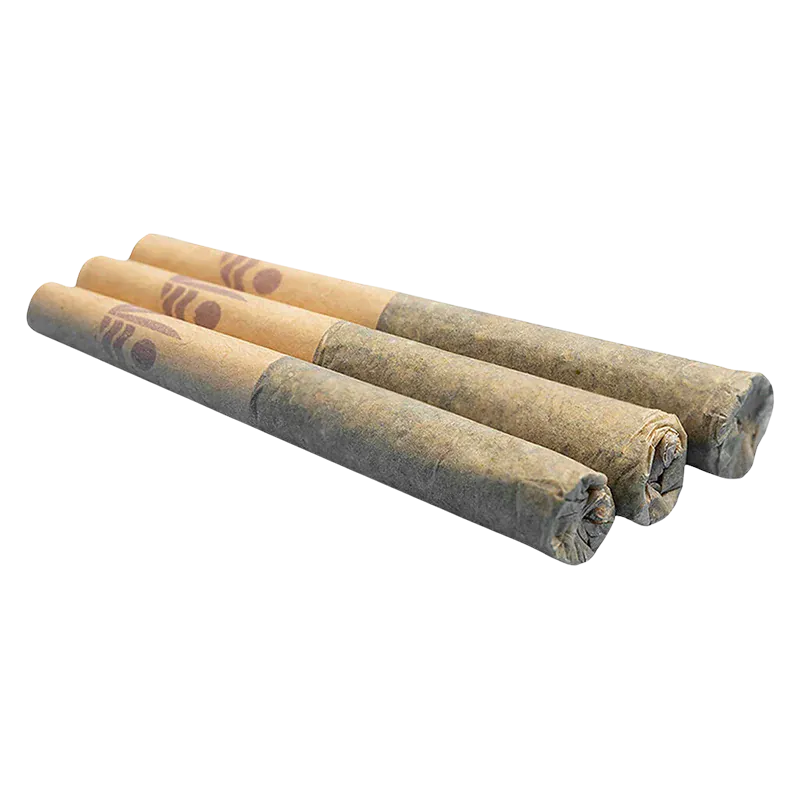 Angled close-up of three rolled joints laid side by side showing brown paper tips and tightly twisted ends, labeled Lemon Tartz PR 3 x 0.5 g