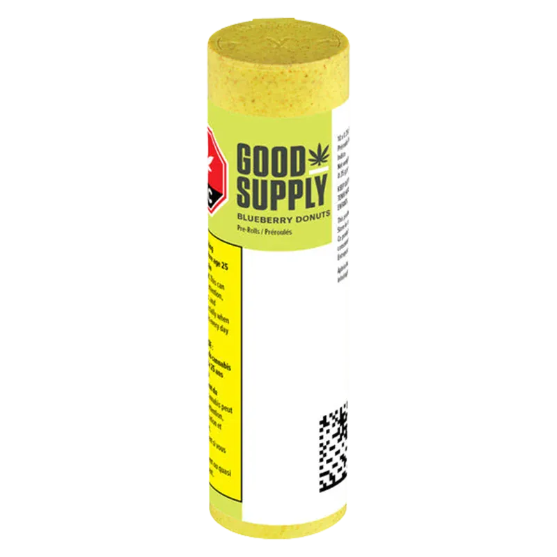 Angled front view of the cylindrical Blueberry Donuts PR 10 x 0.35 g Good Supply tube showing its yellow-green label, red warning symbol, and QR code.