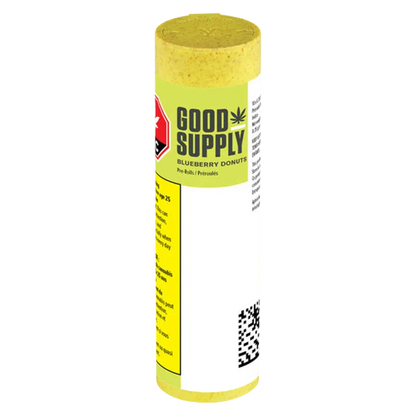 Angled front view of the cylindrical Blueberry Donuts PR 10 x 0.35 g Good Supply tube showing its yellow-green label, red warning symbol, and QR code.