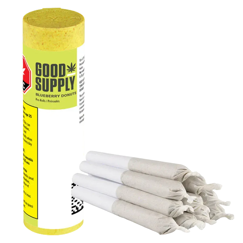 Angled view of a tall yellow tube and a neat stack of white pre-rolls beside it, showing the Blueberry Donuts PR 10 x 0.35 g packaging and joints.