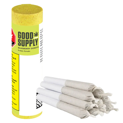Angled view of a tall yellow tube and a neat stack of white pre-rolls beside it, showing the Blueberry Donuts PR 10 x 0.35 g packaging and joints.
