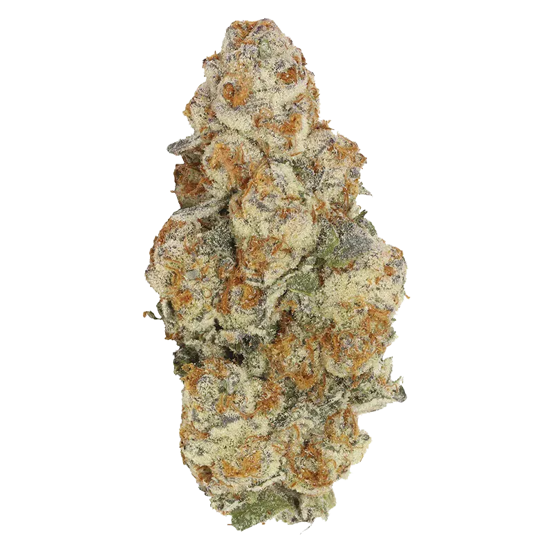 Single top-down close-up of a frosty cannabis bud labeled Astronaut Status, showing dense trichomes, orange pistils, and green-purple leaves.