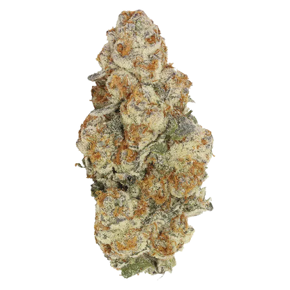 Single top-down close-up of a frosty cannabis bud labeled Astronaut Status, showing dense trichomes, orange pistils, and green-purple leaves.