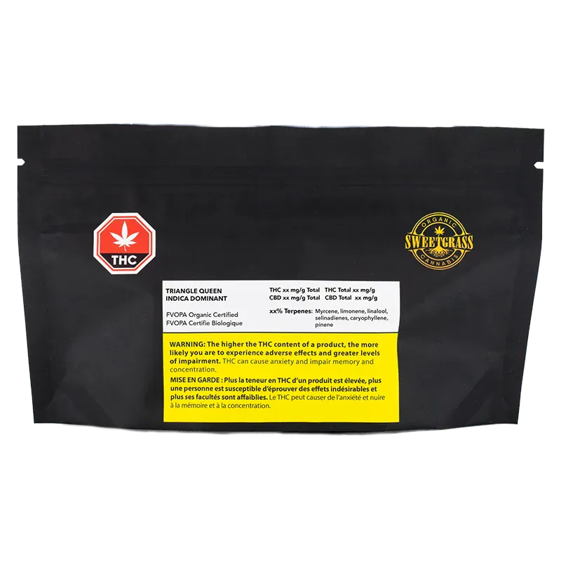 Flat front view of the black Triangle Queen Petites pouch with warning label and red THC symbol.