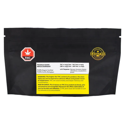 Flat front view of the black Triangle Queen Petites pouch with warning label and red THC symbol.