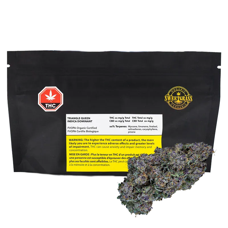 Front-facing black pouch labeled "Triangle Queen Petites" with a yellow warning panel and a cluster of green-purple buds at the lower right.