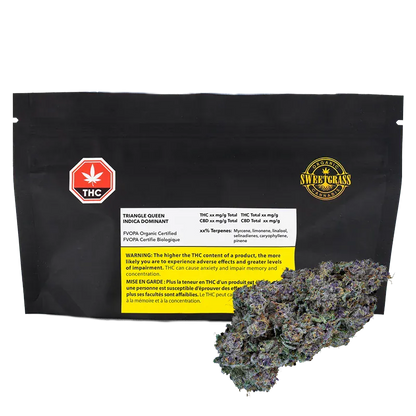 Front-facing black pouch labeled "Triangle Queen Petites" with a yellow warning panel and a cluster of green-purple buds at the lower right.