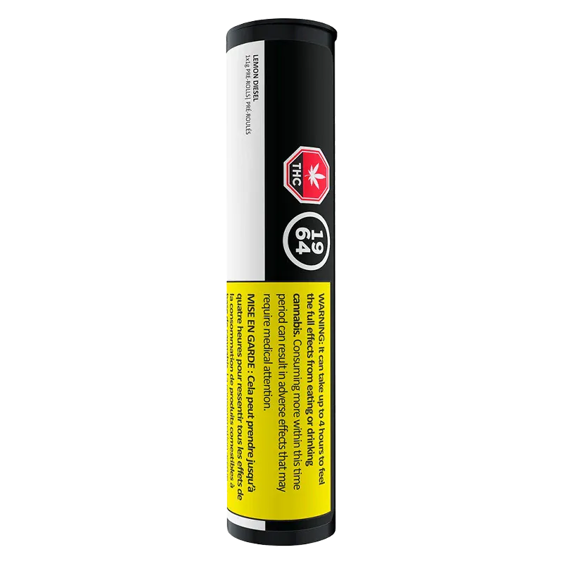Vertical front view of the cylindrical Lemon Diesel PR 1 x 1 g tube showing black, white and yellow warning labels and a red THC symbol.