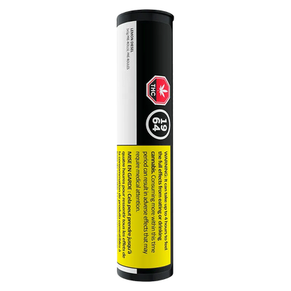 Vertical front view of the cylindrical Lemon Diesel PR 1 x 1 g tube showing black, white and yellow warning labels and a red THC symbol.