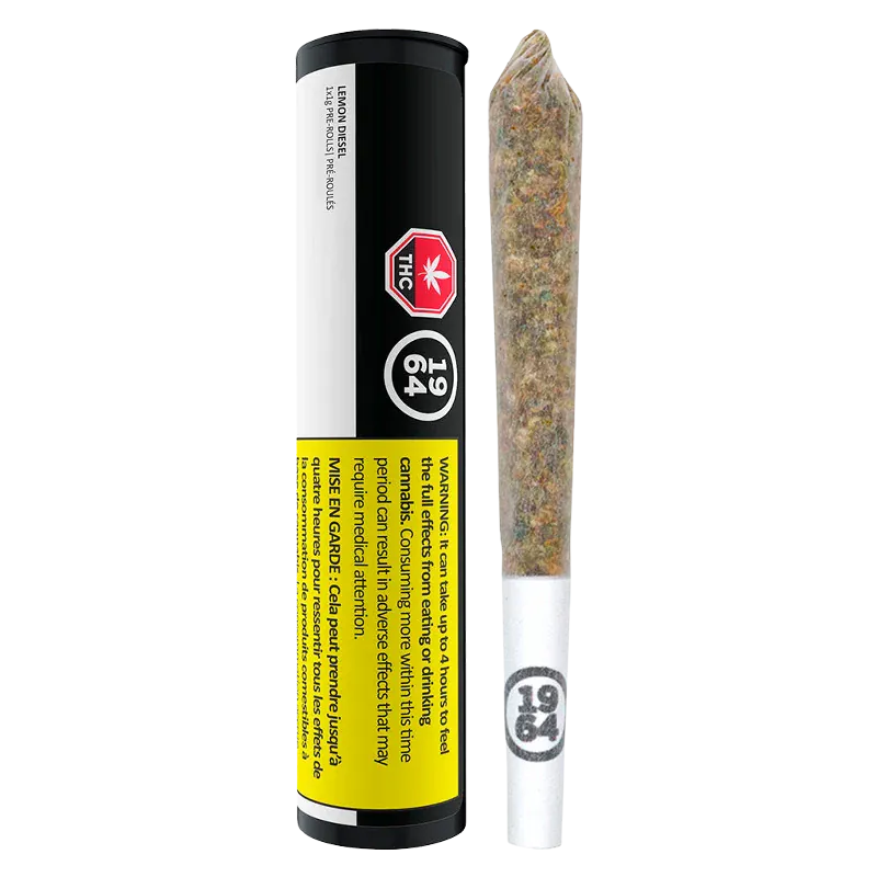 Straight-on studio shot of a Lemon Diesel PR 1 x 1 g pre-roll standing next to its black-and-white cylindrical tube with a yellow warning label.