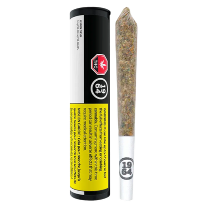 Straight-on studio shot of a Lemon Diesel PR 1 x 1 g pre-roll standing next to its black-and-white cylindrical tube with a yellow warning label.