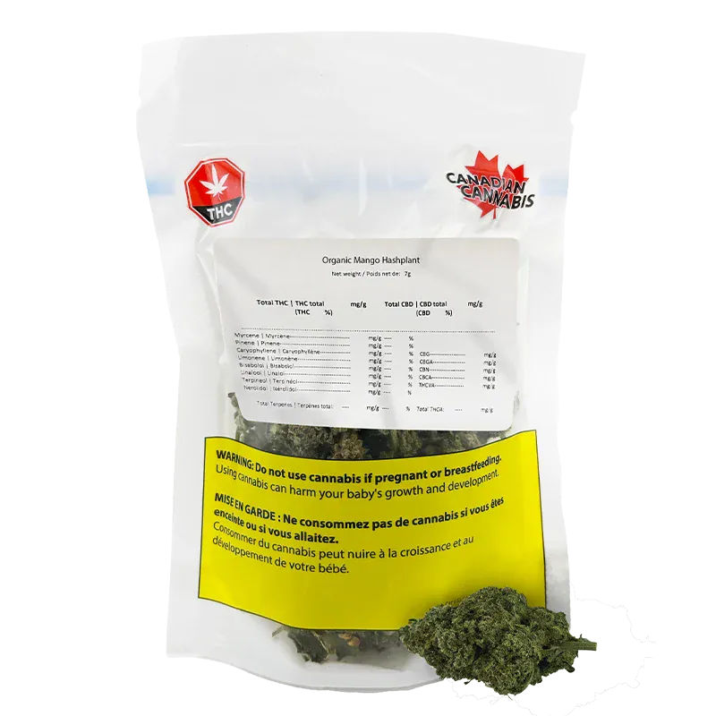 Front-facing image of a clear pouch of Organic Apex Kush showing printed lab info, a red THC symbol, a yellow health warning and loose green buds at the base