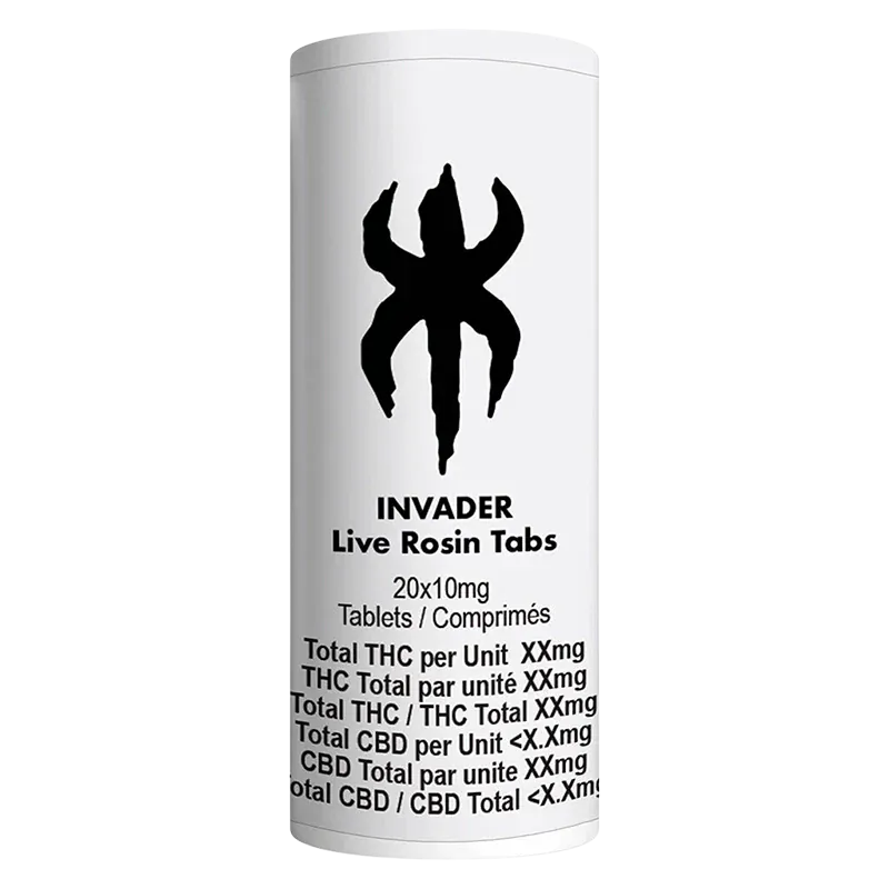 Tall front-facing white cylinder labeled "INVADER Live Rosin Tabs" with a bold black logo above centered product text.
