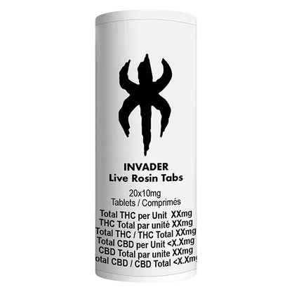 Tall front-facing white cylinder labeled "INVADER Live Rosin Tabs" with a bold black logo above centered product text.