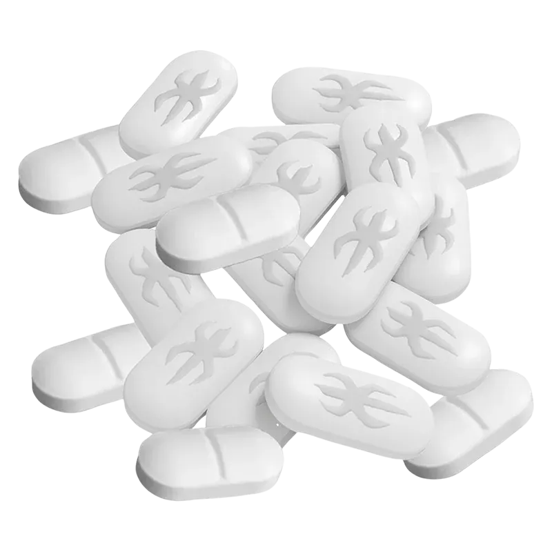 Close-up top-down view of a scattered pile of white Live Rosin Tabs showing pill-shaped tablets with a stylized flame emboss.