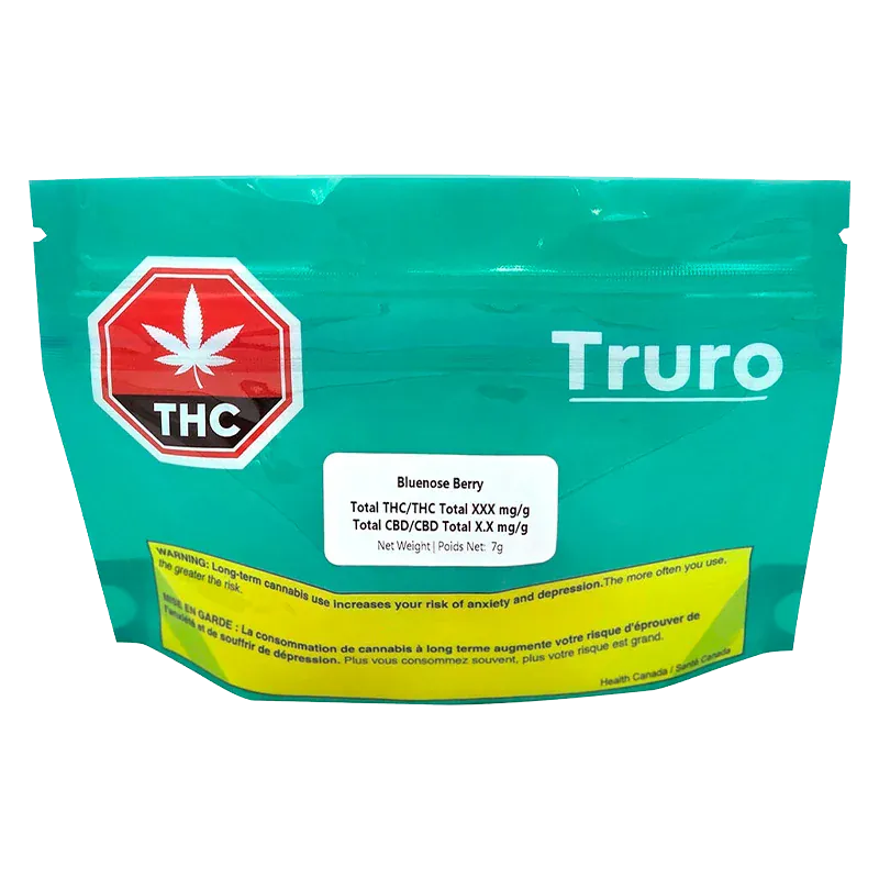 Front-facing pouch labeled Bluenose Berry by Truro with a teal background, white product label center and THC symbol left.