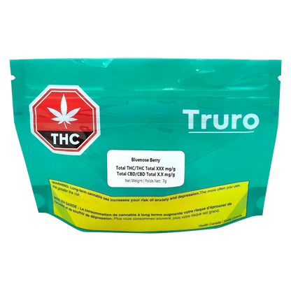 Front-facing pouch labeled Bluenose Berry by Truro with a teal background, white product label center and THC symbol left.