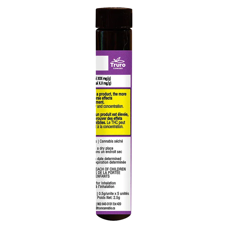 Tall front view of a labeled tube showing the Caps Junky PR 5 x 0.5 g with purple top, warning panel and white text column.