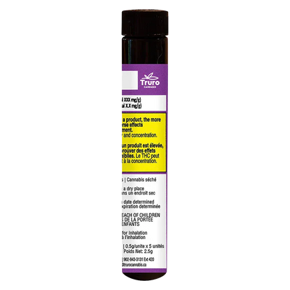 Tall front view of a labeled tube showing the Caps Junky PR 5 x 0.5 g with purple top, warning panel and white text column.