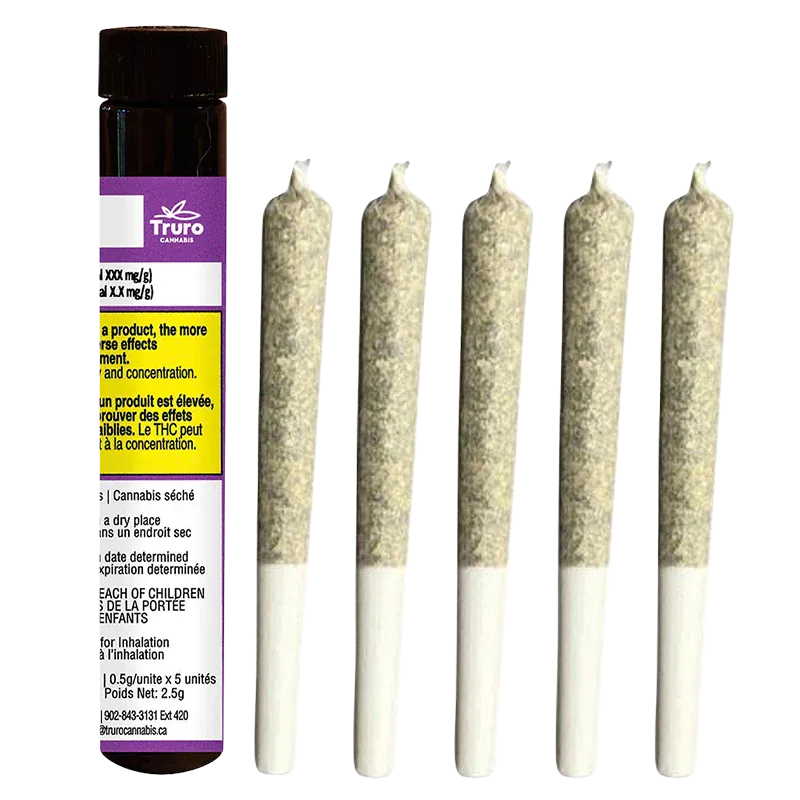 Right-side view of five rolled joints standing upright next to a purple-labeled tube of Caps Junky PR 5 x 0.5 g.