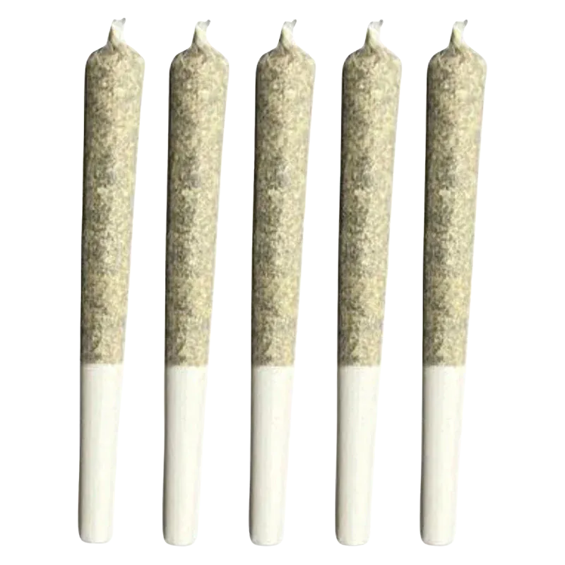 Top-down view of five evenly spaced pre-rolled joints in a row, labeled Caps Junky PR 5 x 0.5 g, on a plain white background.