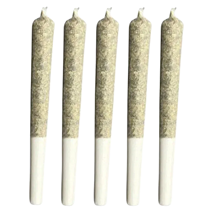 Top-down view of five evenly spaced pre-rolled joints in a row, labeled Caps Junky PR 5 x 0.5 g, on a plain white background.