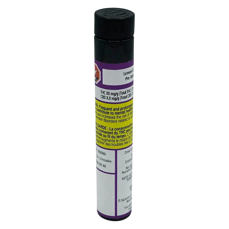 Tall front view of the Lemon-Up PR 5 x 0.5 g tube standing upright with a black cap and purple, yellow, and white warning labels visible.