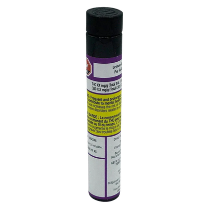 Tall front view of the Lemon-Up PR 5 x 0.5 g tube standing upright with a black cap and purple, yellow, and white warning labels visible.