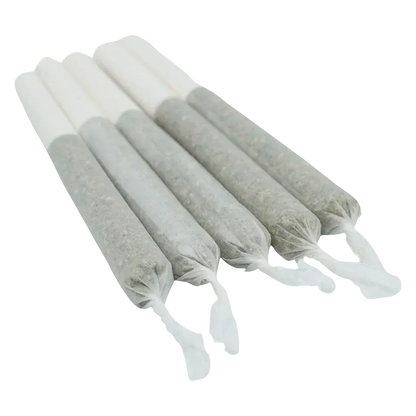 Three-quarter view of five twisted-end Lemon-Up PR 5 x 0.5 g pre-rolls aligned diagonally on a white background.