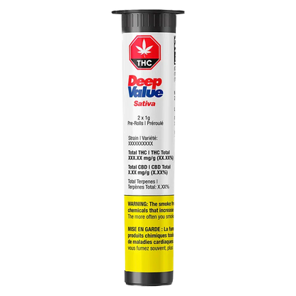 Tall front-view image of the white tube labeled Deep Value PR 2 x 1 g with red and blue logo, black cap, and yellow warning band.