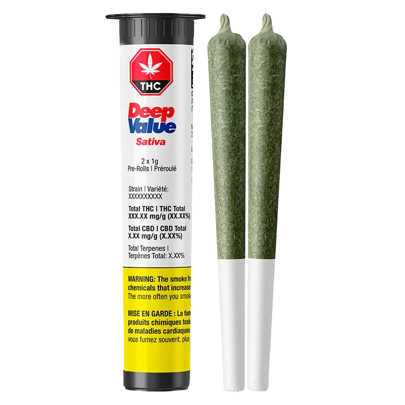 Tall studio shot of the Deep Value PR 2 x 1 g tube standing beside two green pre-rolls on a white background.