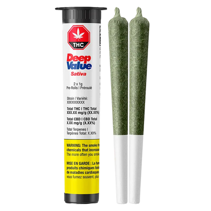 Tall studio shot of the Deep Value PR 2 x 1 g tube standing beside two green pre-rolls on a white background.