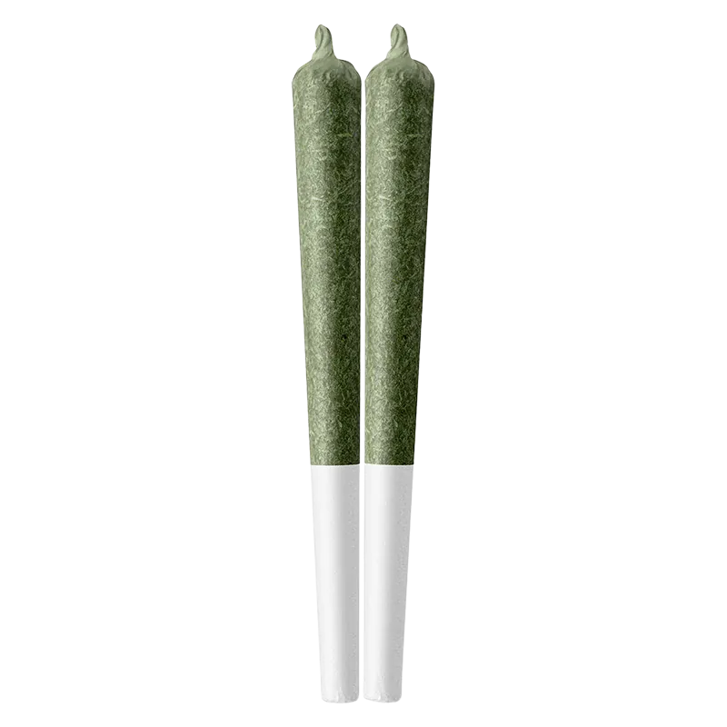 Top-down view of two green pre-rolls standing side-by-side labeled Deep Value PR 2 x 1 g with white tips on a white background